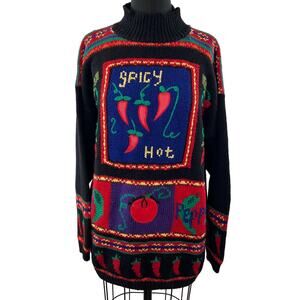 VINTAGE Karen Scott HandKnit SPICY HOT Black Long Sleeve Mock Pullover Sweater L